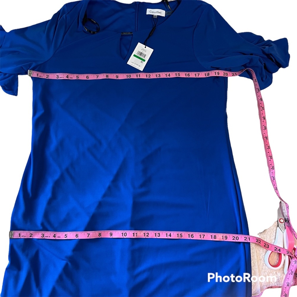 Calvin Klein Women blue sheath midi dress bell sleeve back zip Sz Large - Picture 11 of 15